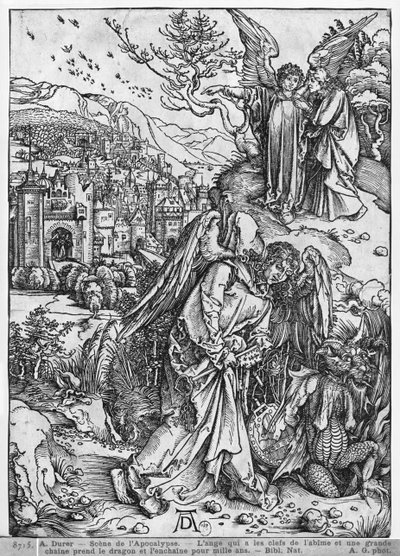 Scene from the Apocalypse, The Angel Holding the Keys of the Abyss and a Big Chain, Enchains the Dragon for a Thousand Years by Albrecht Dürer